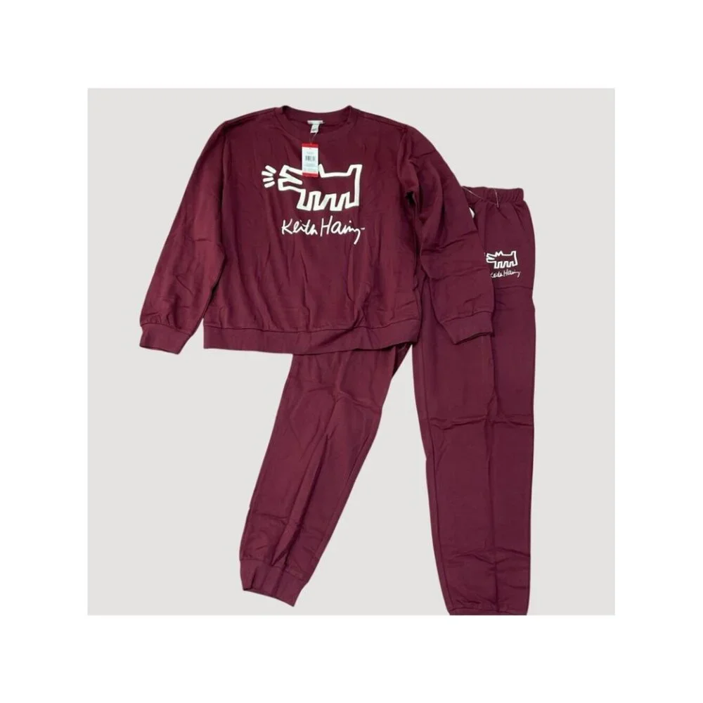 NWT Keith Haring Ladies' M Lounge Set Burgundy Soft Cotton Blend 2-Piece Set